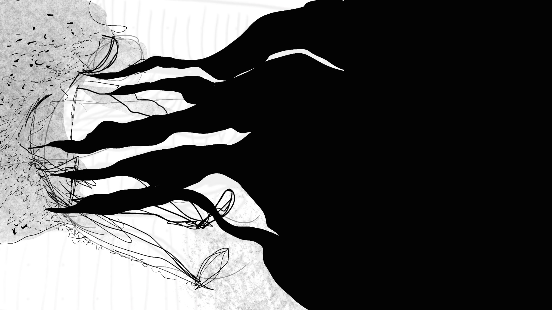 messy drawing of a person getting hit by a wave of black