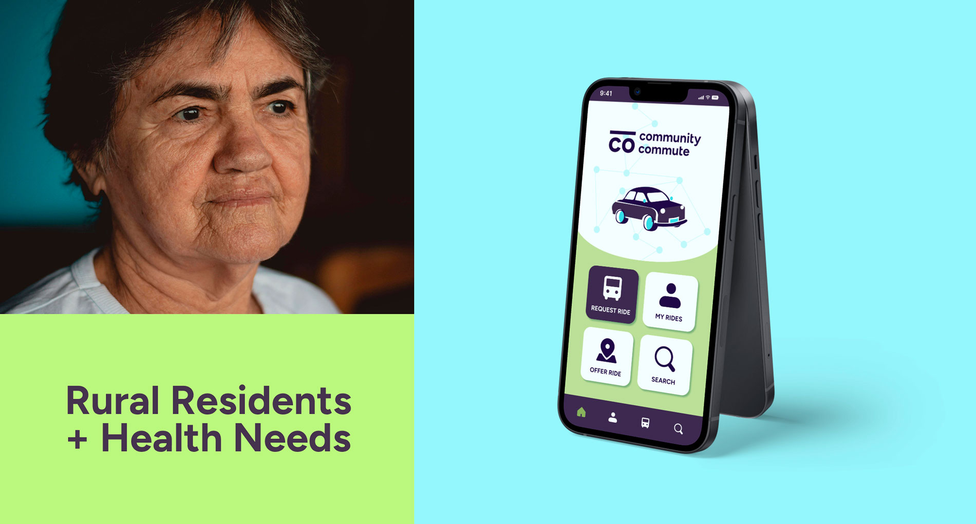photo of older woman with title below and mockup of iphone app