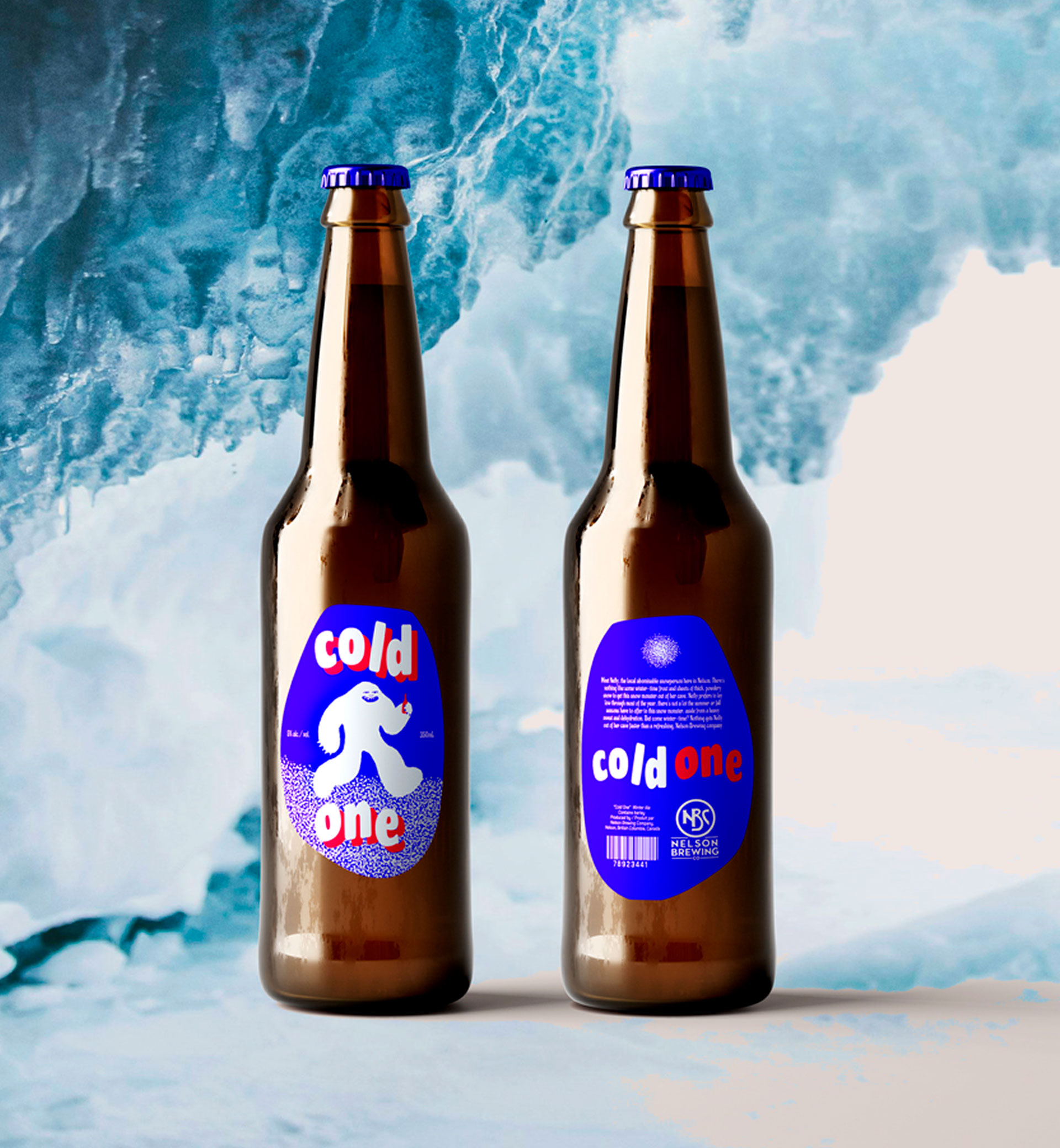 Nelson Brewing Winter Ale bottle label mockup with ice cave background