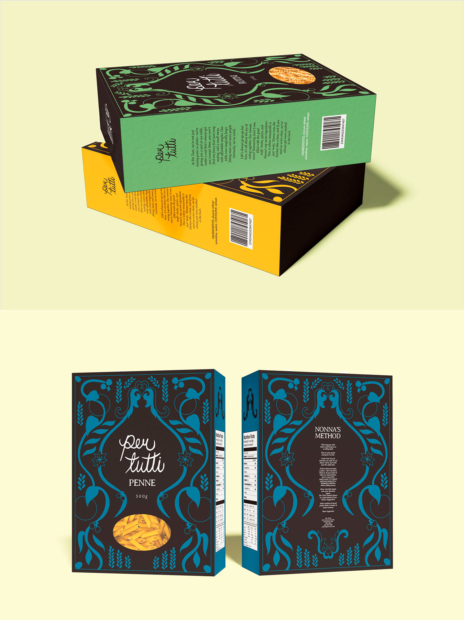 Two yellow boxes of farfalle with intricate textile design side by side