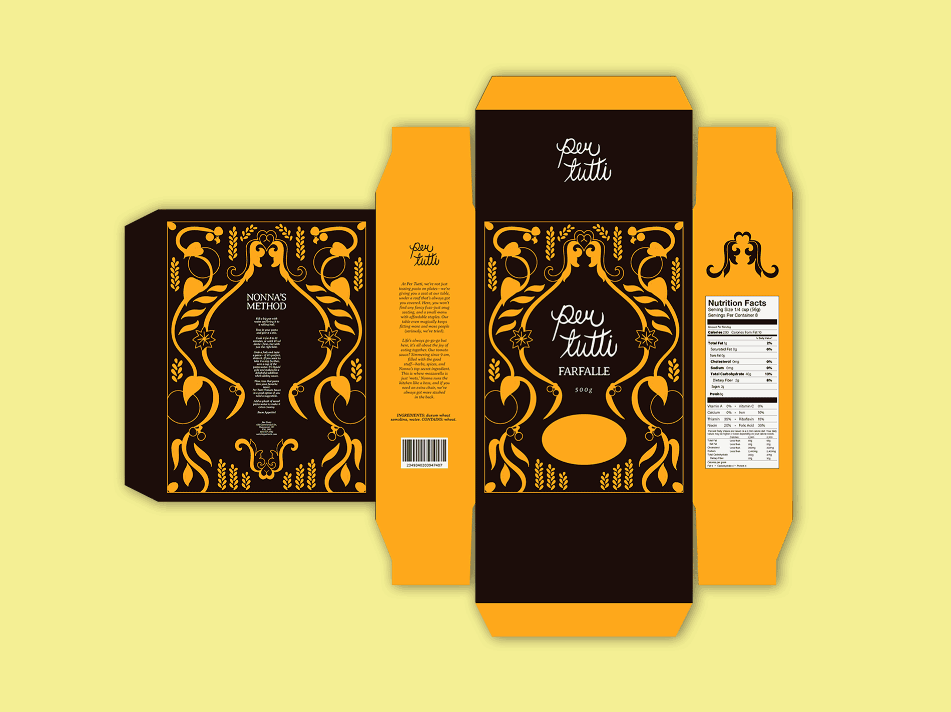 Rotating gif of three brightly coloured pasta box dielines