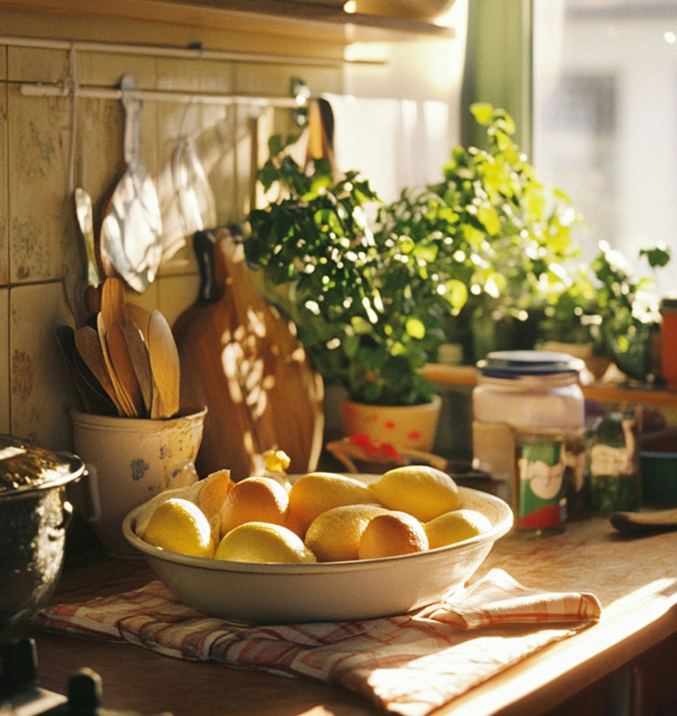 Close up of a bowl of lemons on a brightly lit kitchen counter with greenery and colour in the background