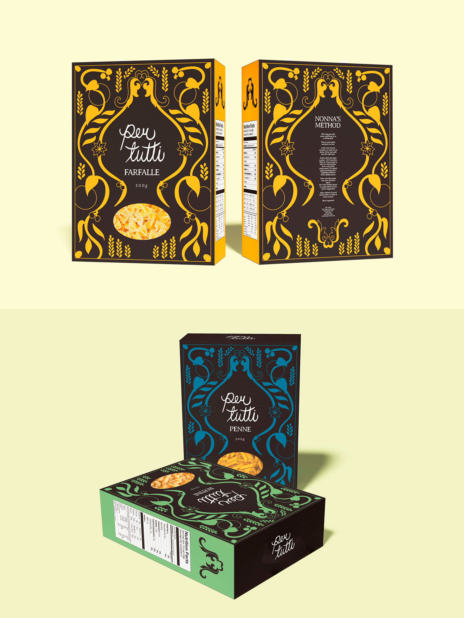 Two yellow pasta boxes, one blue pasta box, and one green pasta box