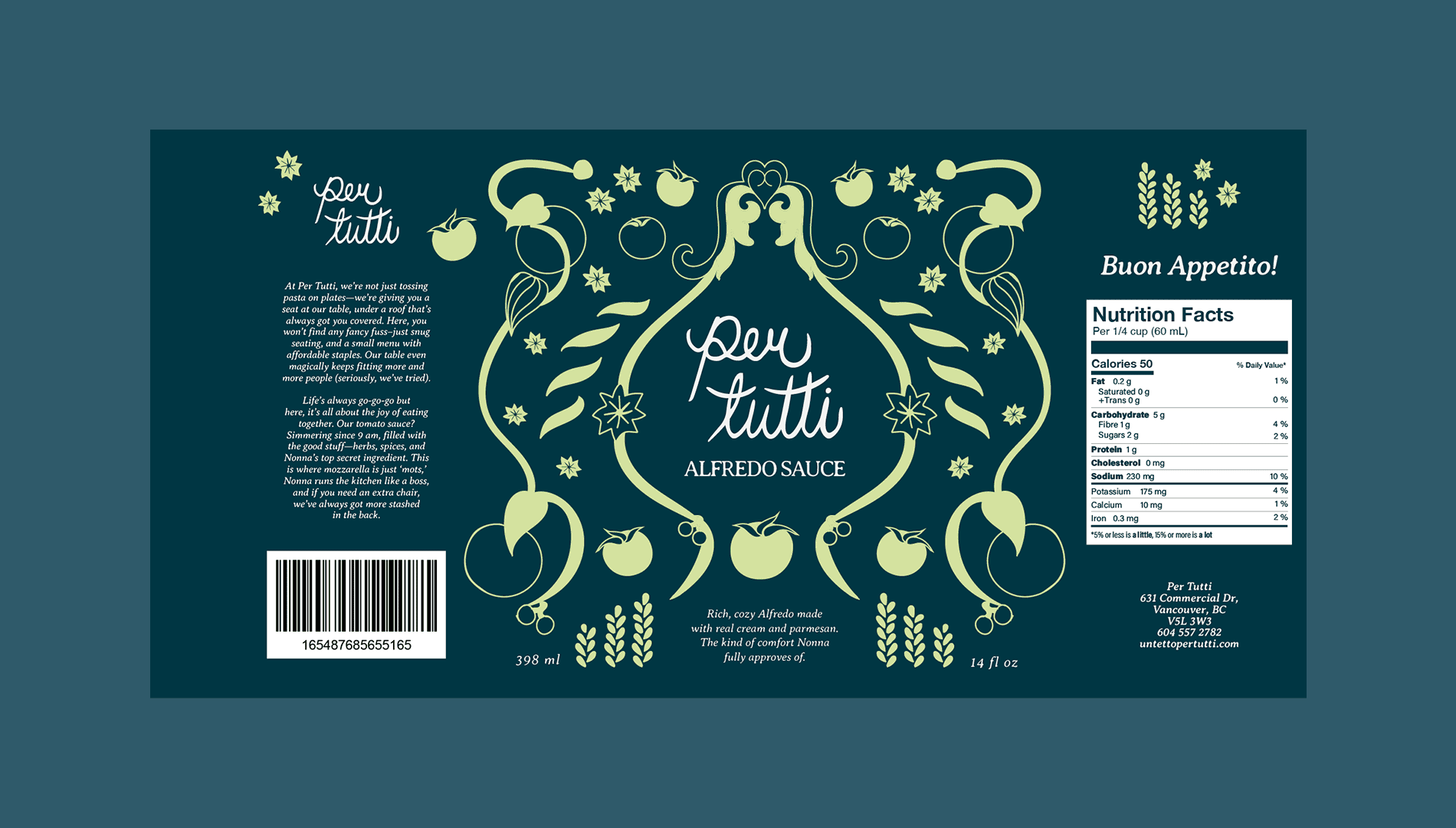 Rotating GIF showing three Per Tutti tomato sauce can packaging designs