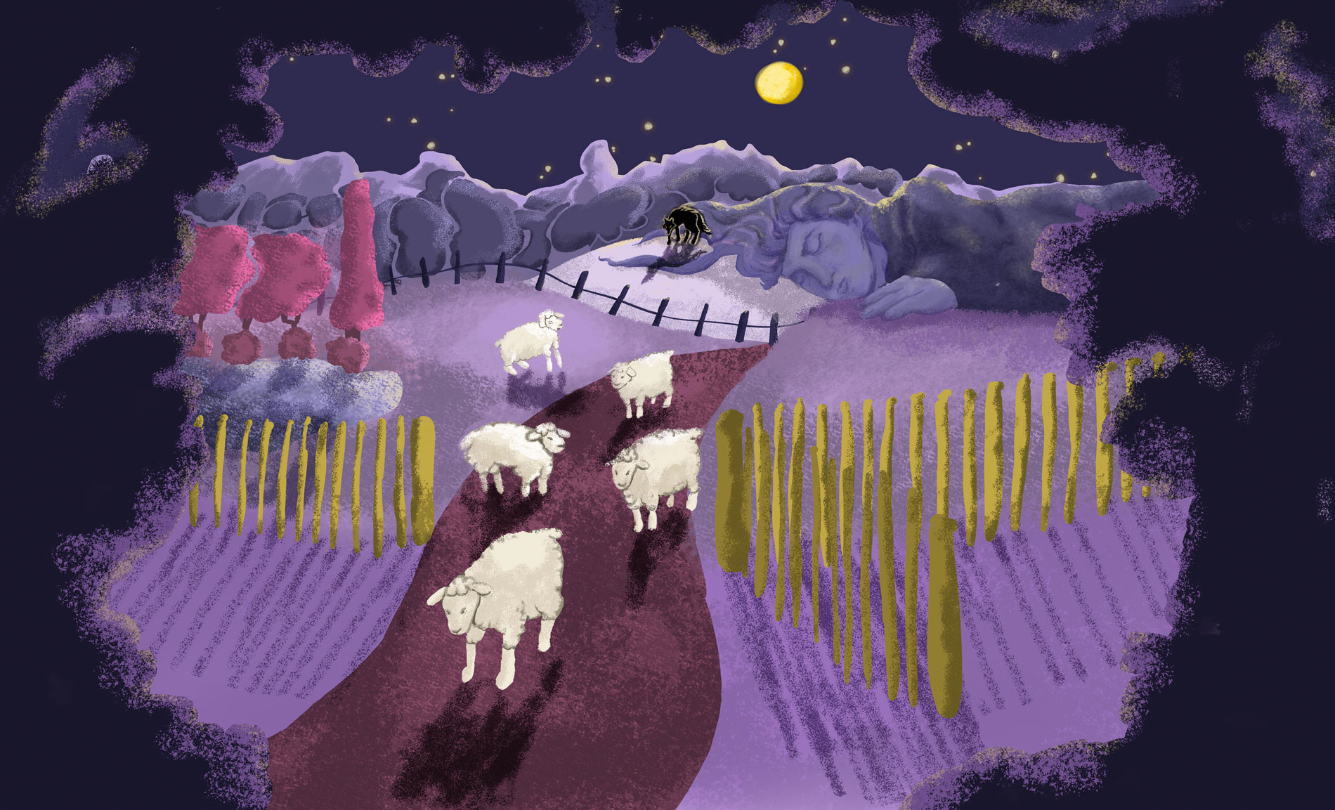 3D digital illustration of sheep sleeping in a mystical landscape
