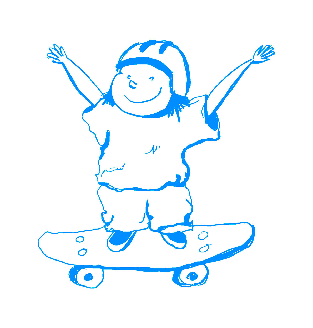 character with arms up standing on skateboard