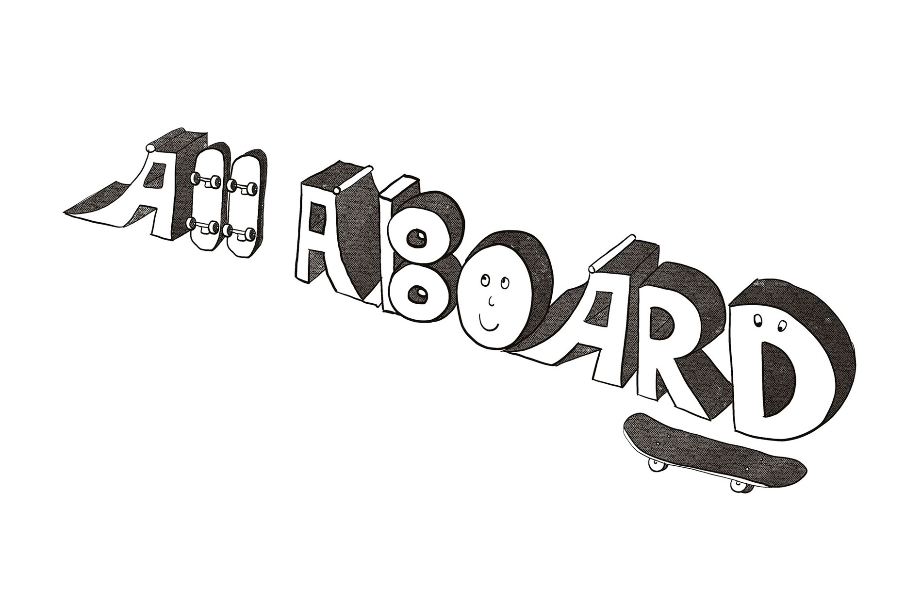 All Aboard skateboard-themed lettering illustration for kids screenprinting