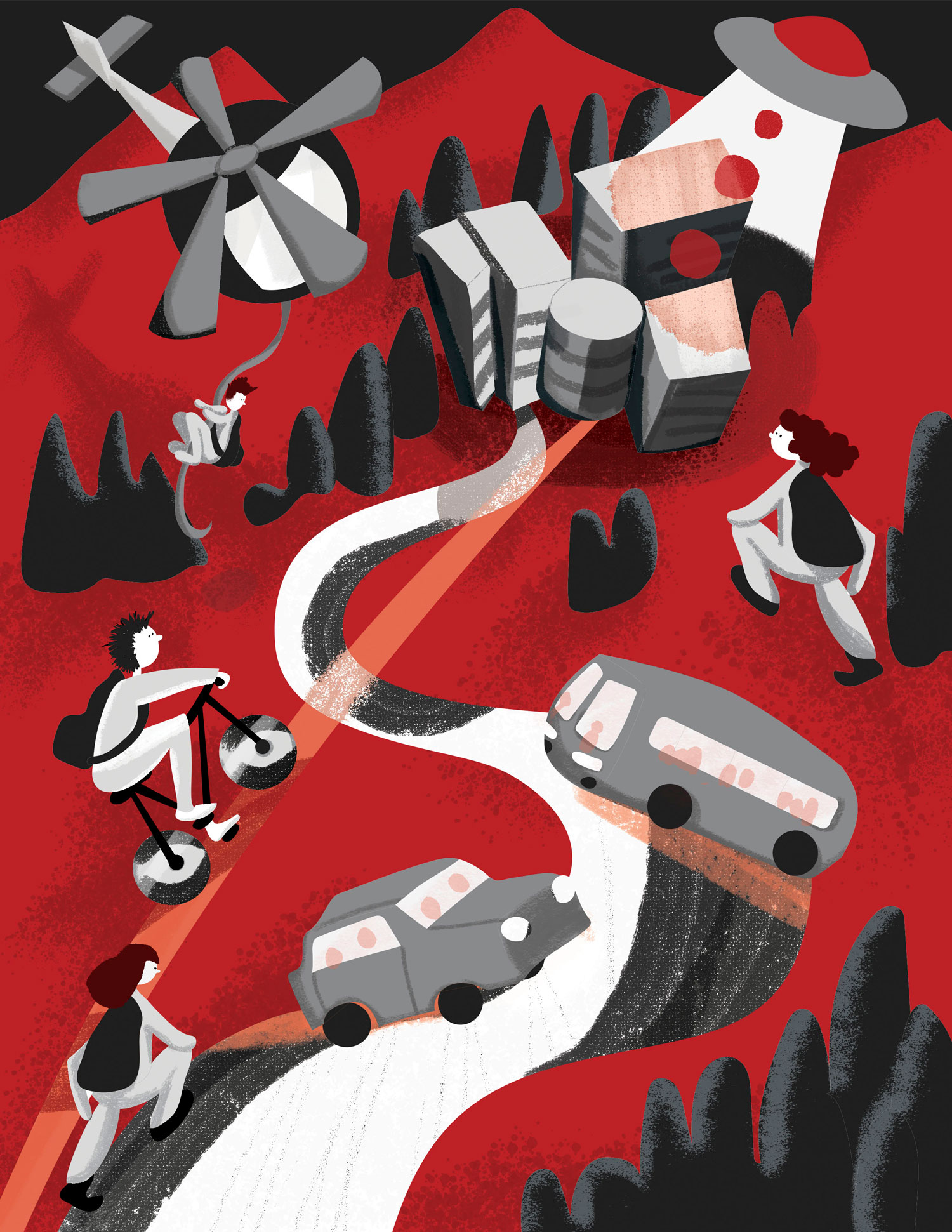 A variety of people are trying to make it to the top of a hill via different methods including walking, bus, and helicoptor