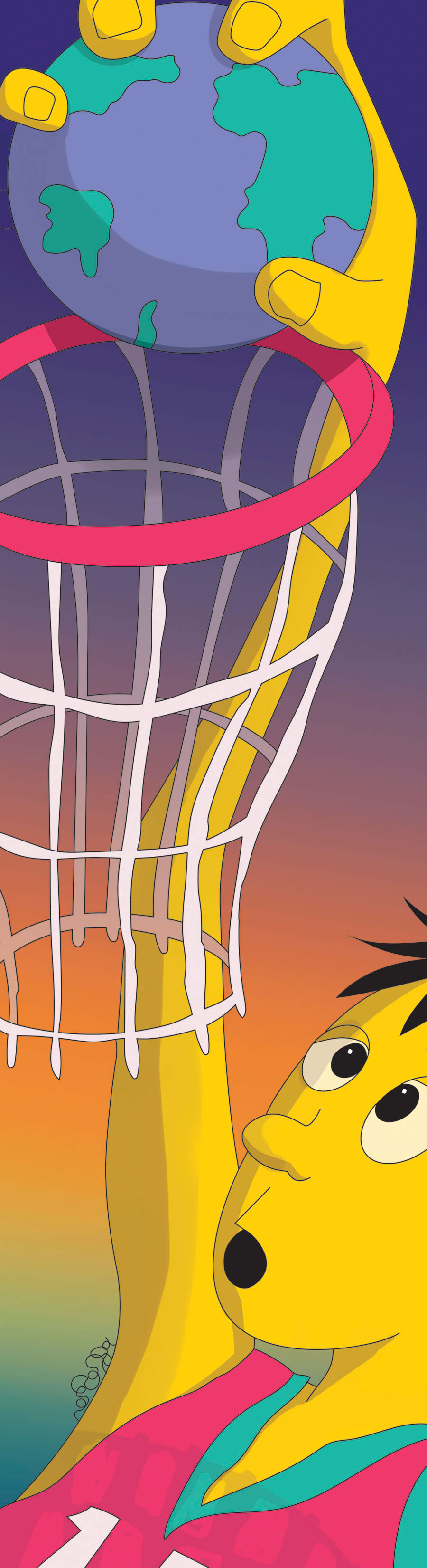 A person slam dunks a basketball that looks like earth