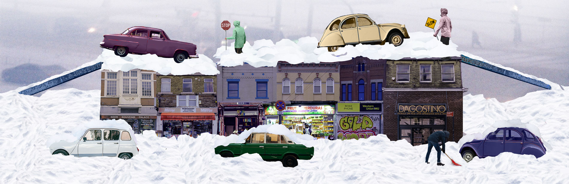 Collage illustration of a street covered in snow where cars have to drive over rooftops