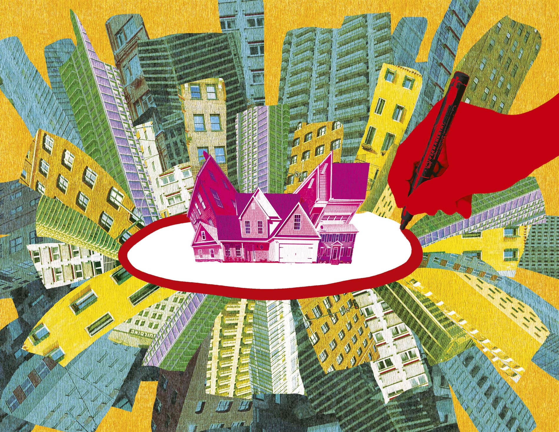 a digital collage of a collection of suburban homes outlined in red and surrounded by crowded apartments