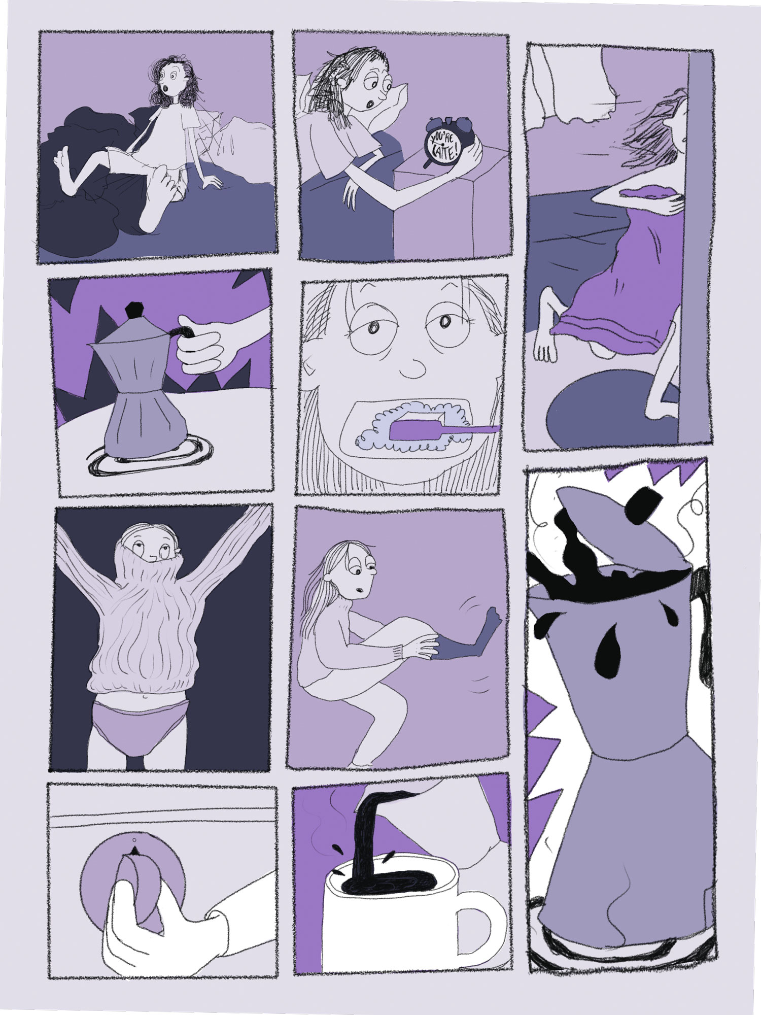 A multi-panel comic page where someone misses their alarm and frantically gets ready