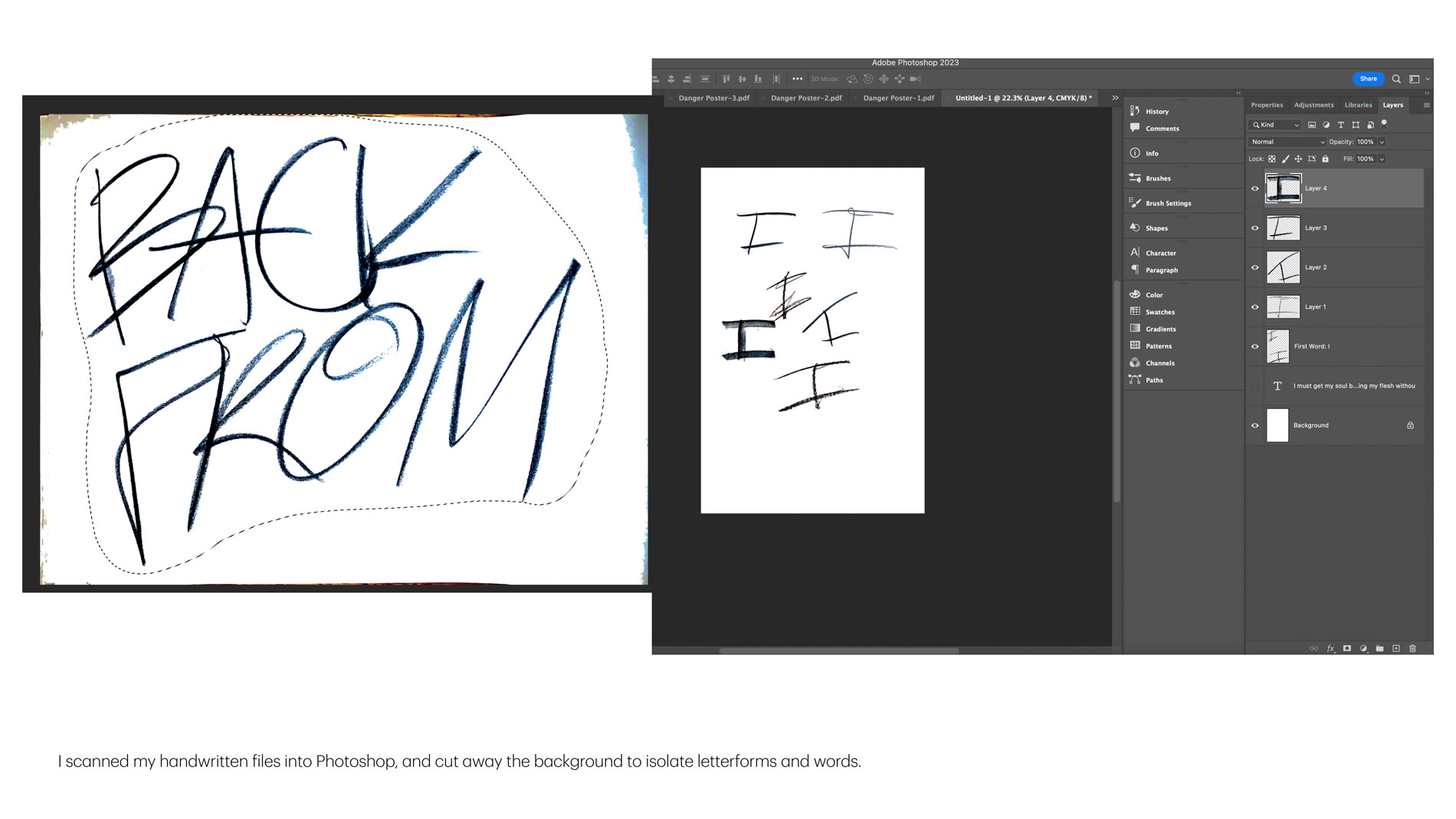 Poster process with charcoal-scribbled typography and red highlights