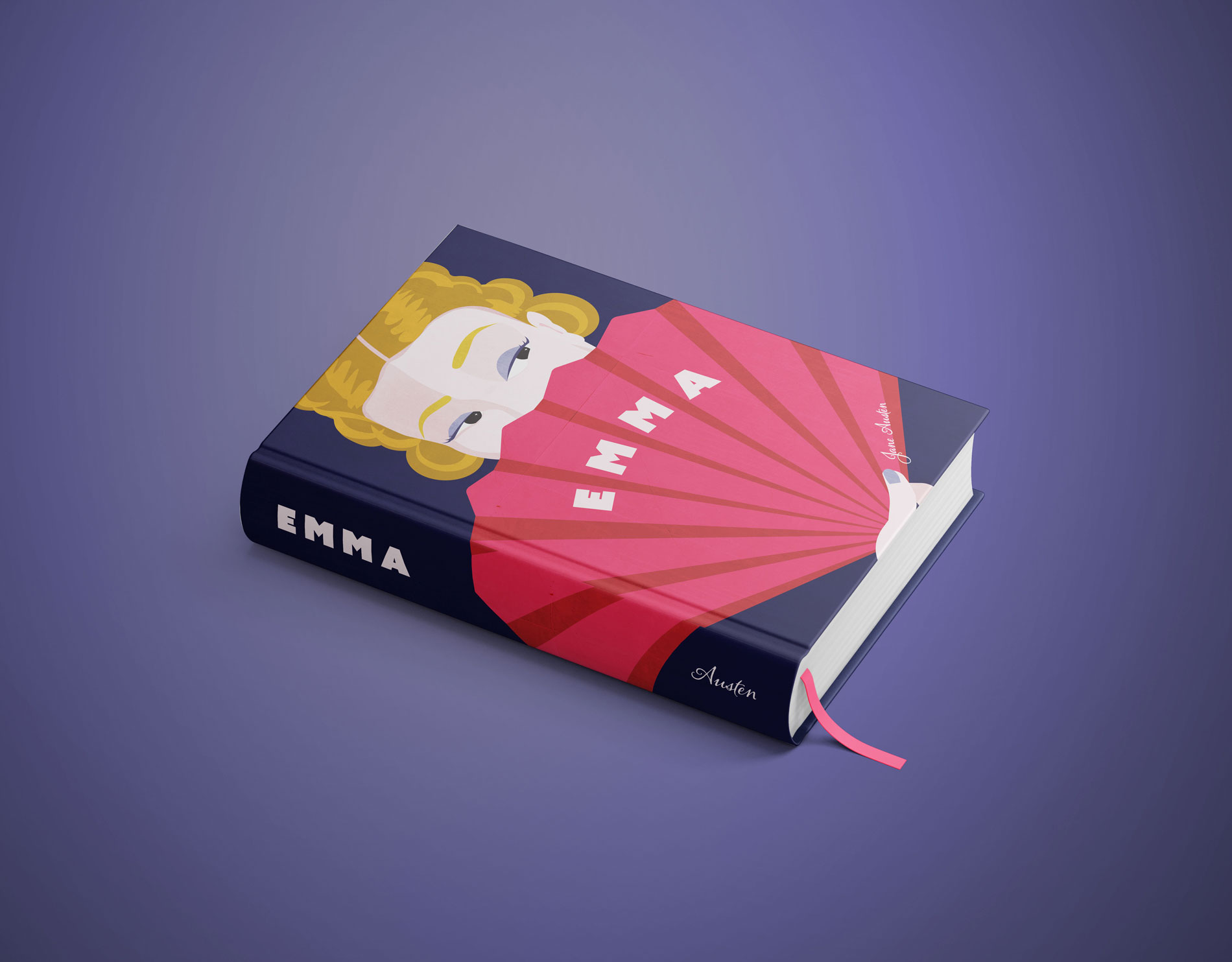 Mockup of a book design for the book Emma by Jane Austen on a purple background.