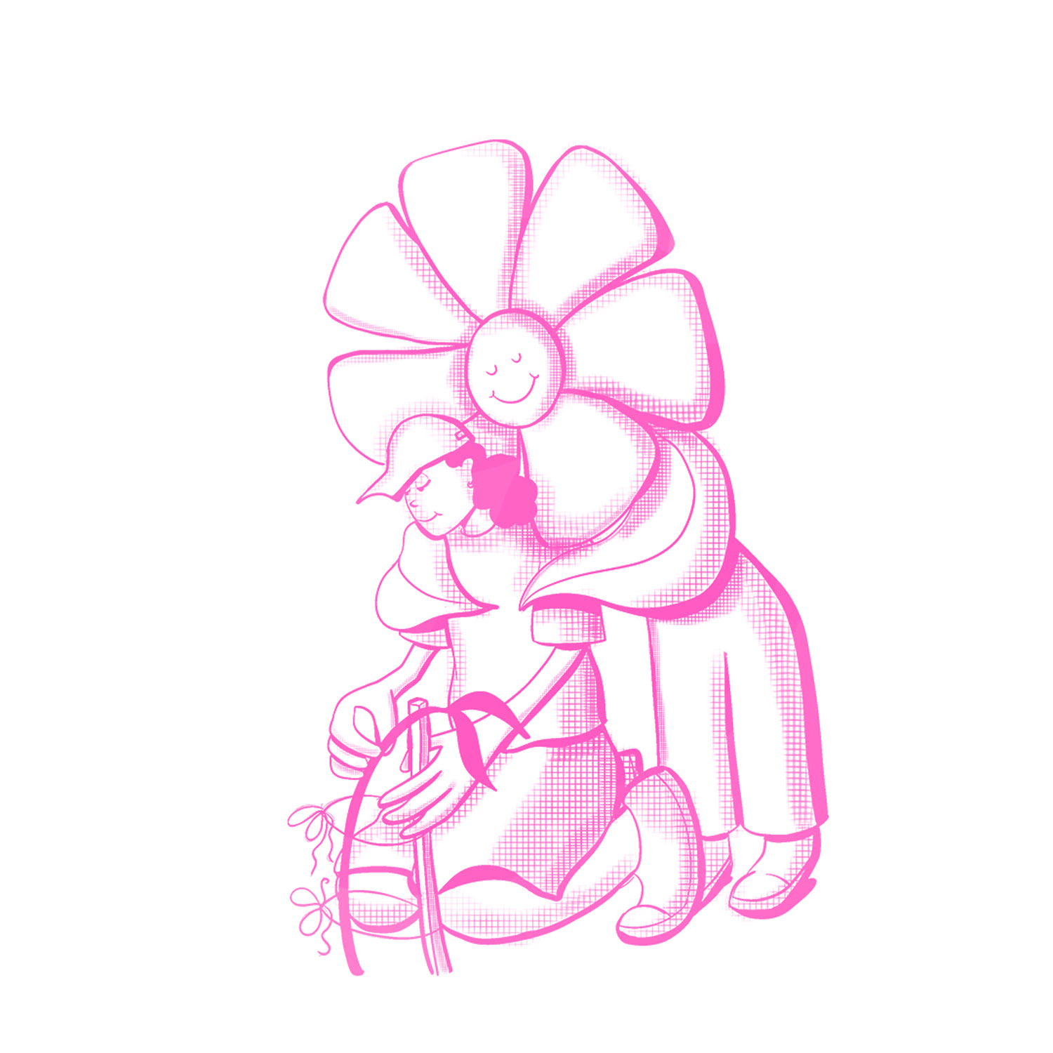 Person planting a green plant and a flower behind it looking on lovingly