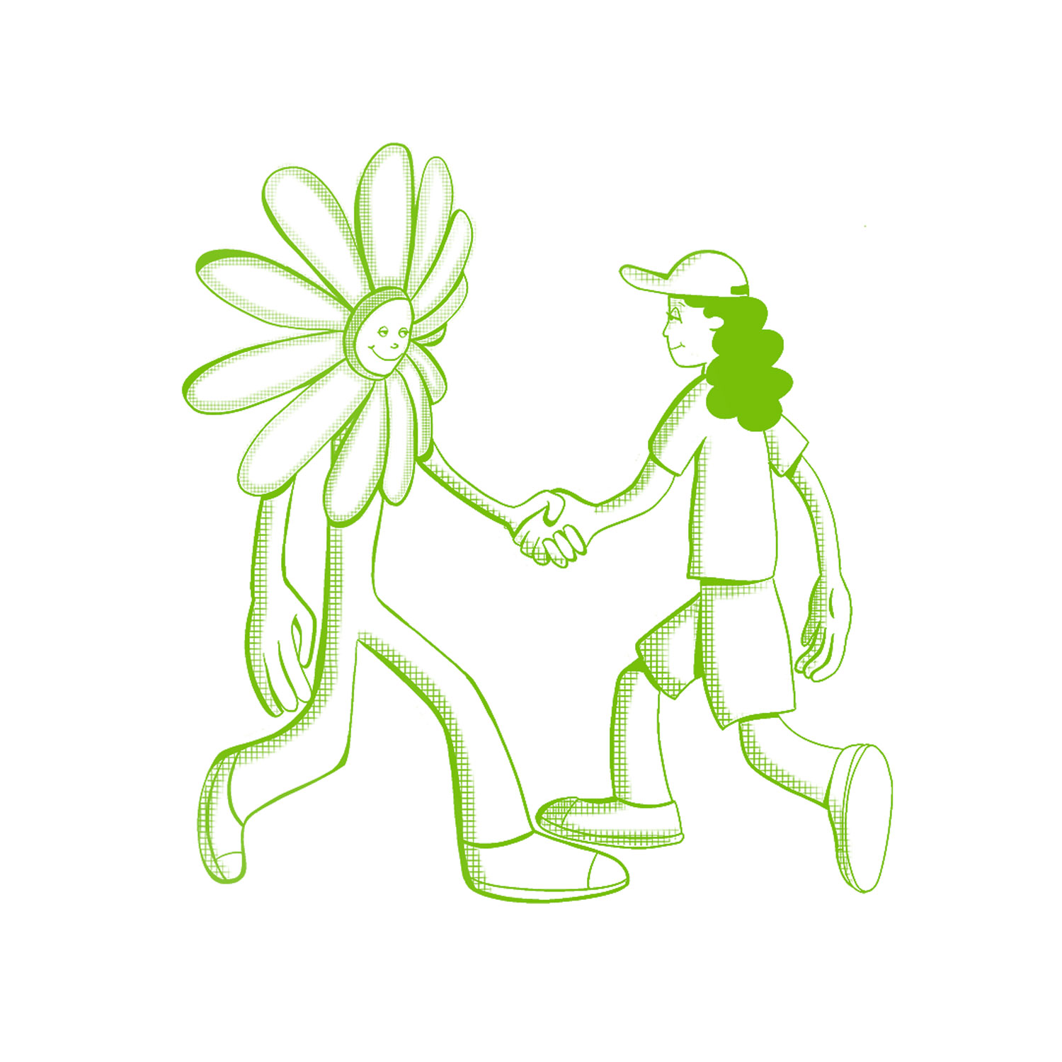 A humanoid flower and a person are shaking hands