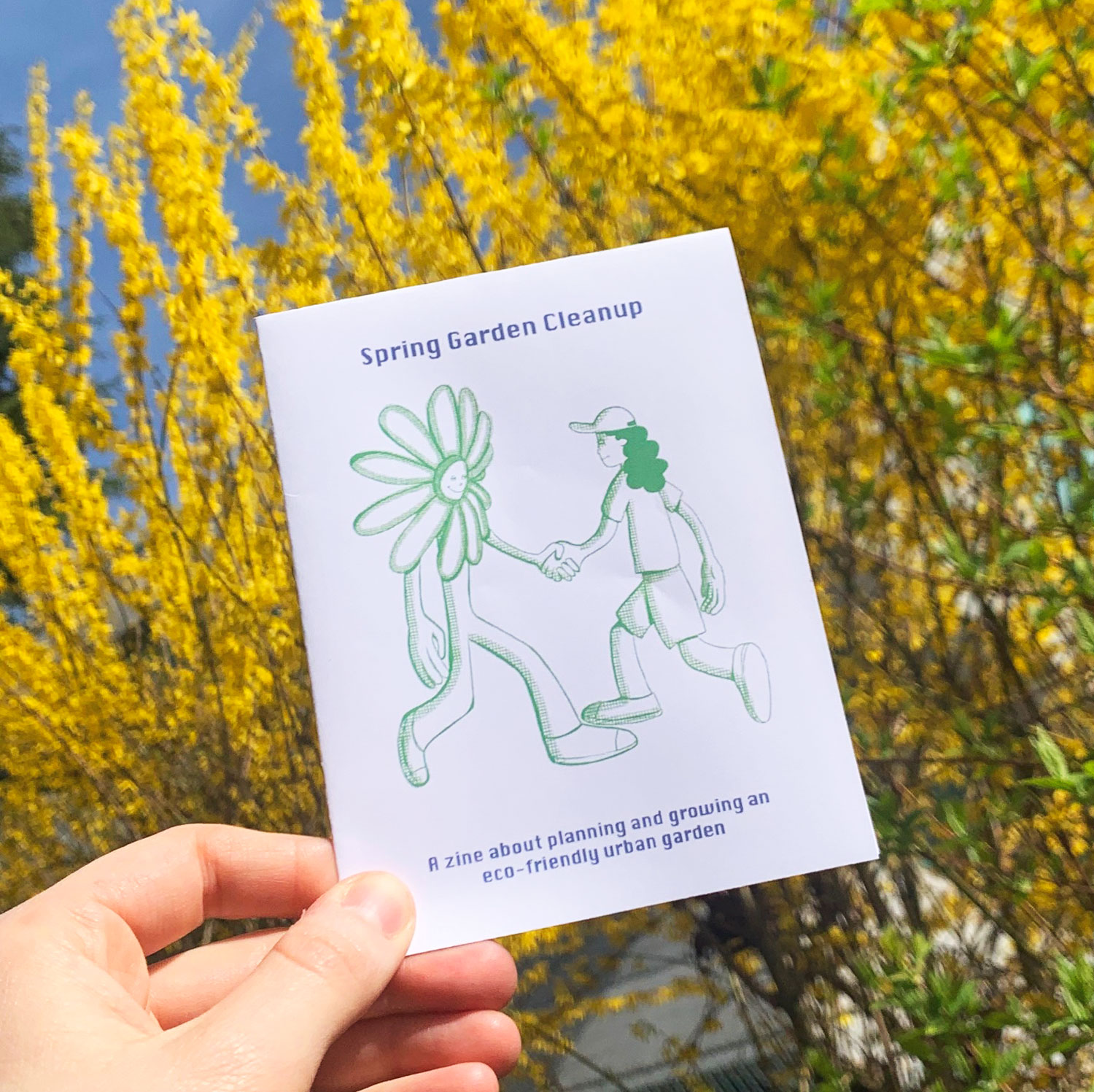 Person planting a green plant and a flower behind it looking on lovingly