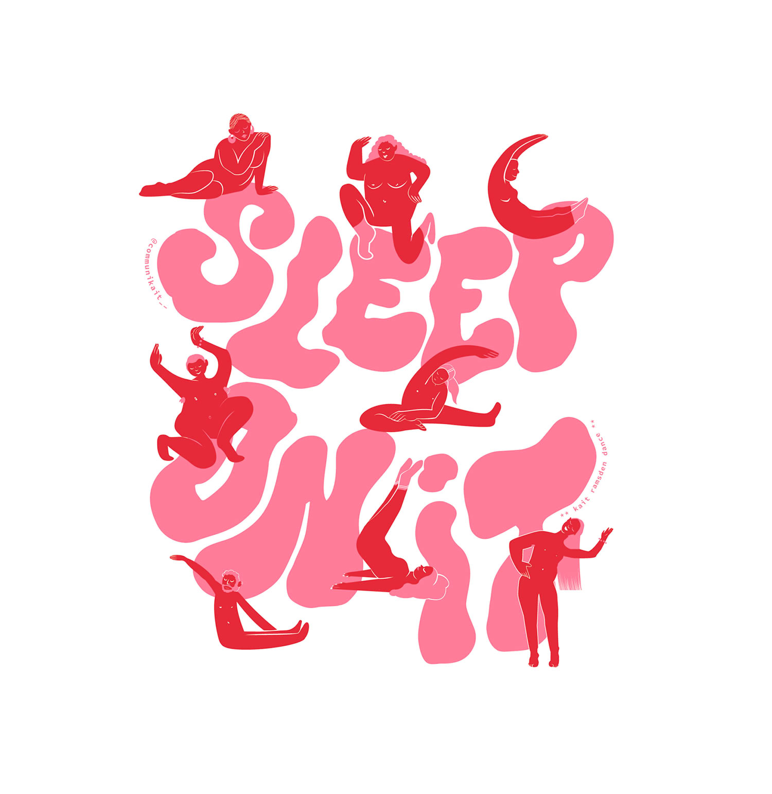 Illustration that says sleep on it in bubbly letters with bodies dancing around the text.