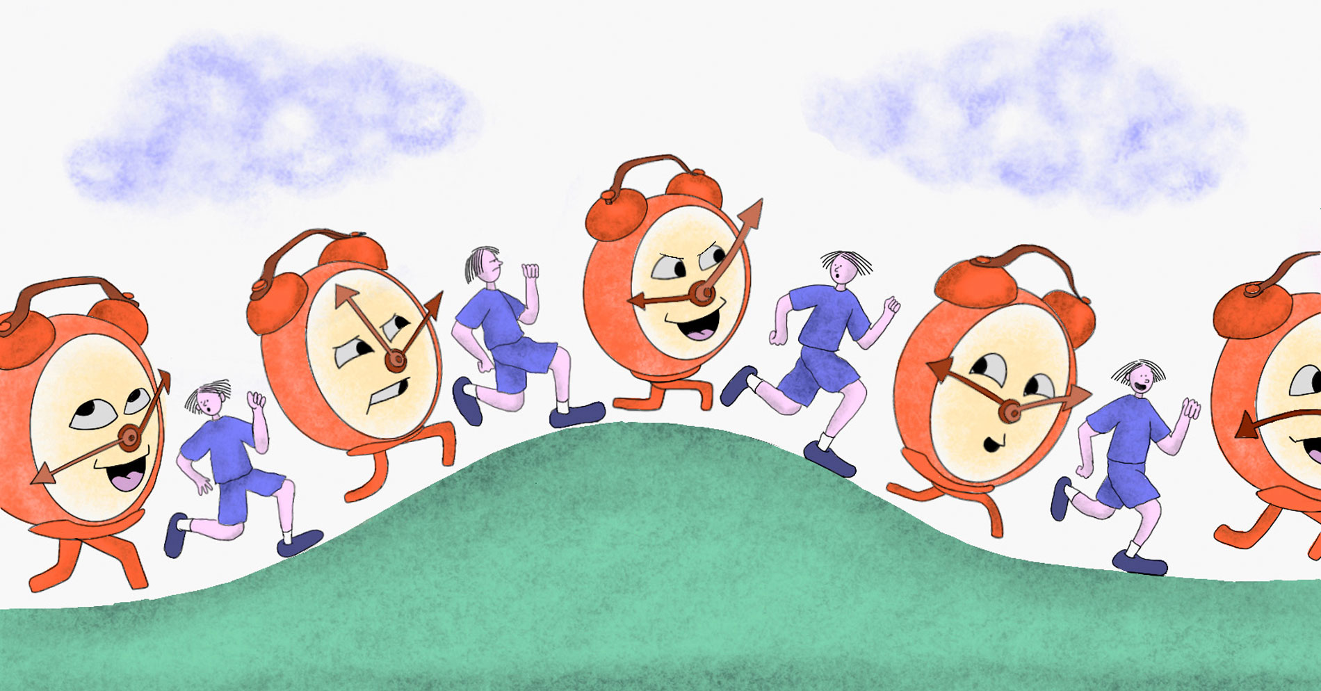 Illustration of a person being chased by an alarm clock, and chasing an alarm clock.