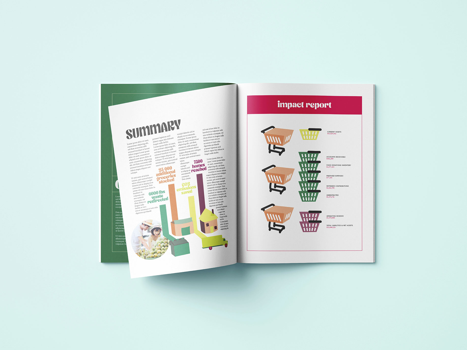 annual report open to a spread with an article summary and illustration. opposite page is an illustrated infographic