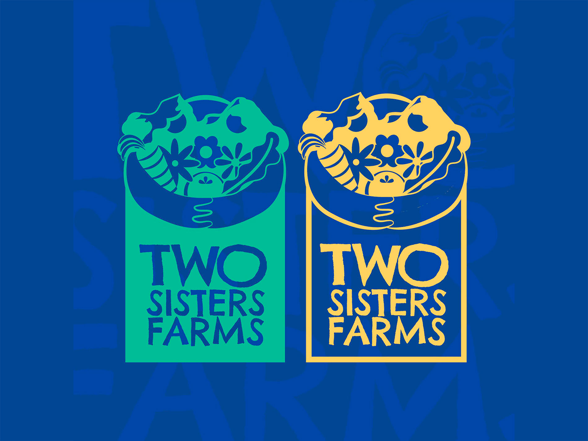 A floral and mountainous two sisters farms logo is set in green and yellow on a blue textured background