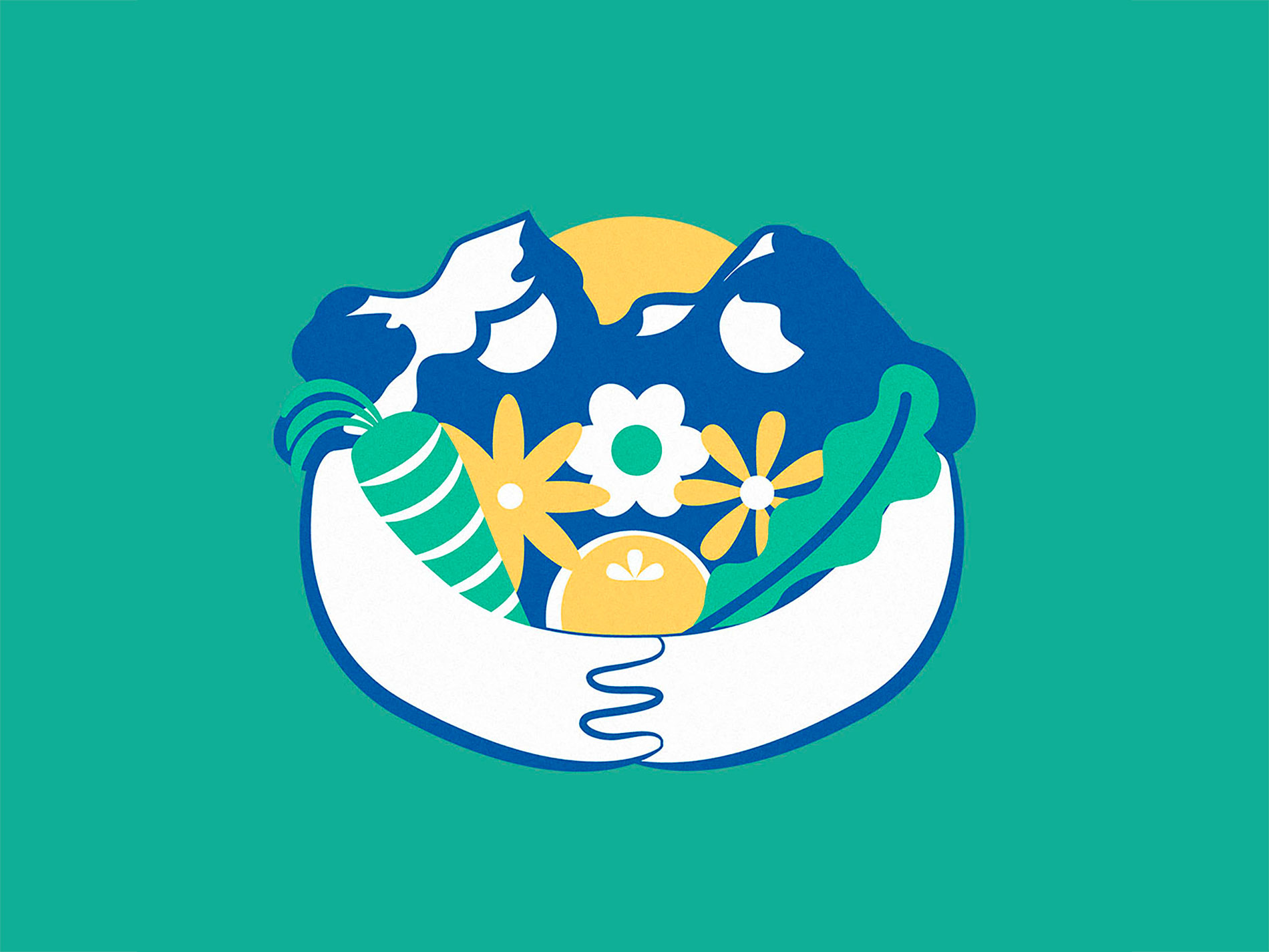 Logo depicting two mountains holding hands and vegetables and flowers together