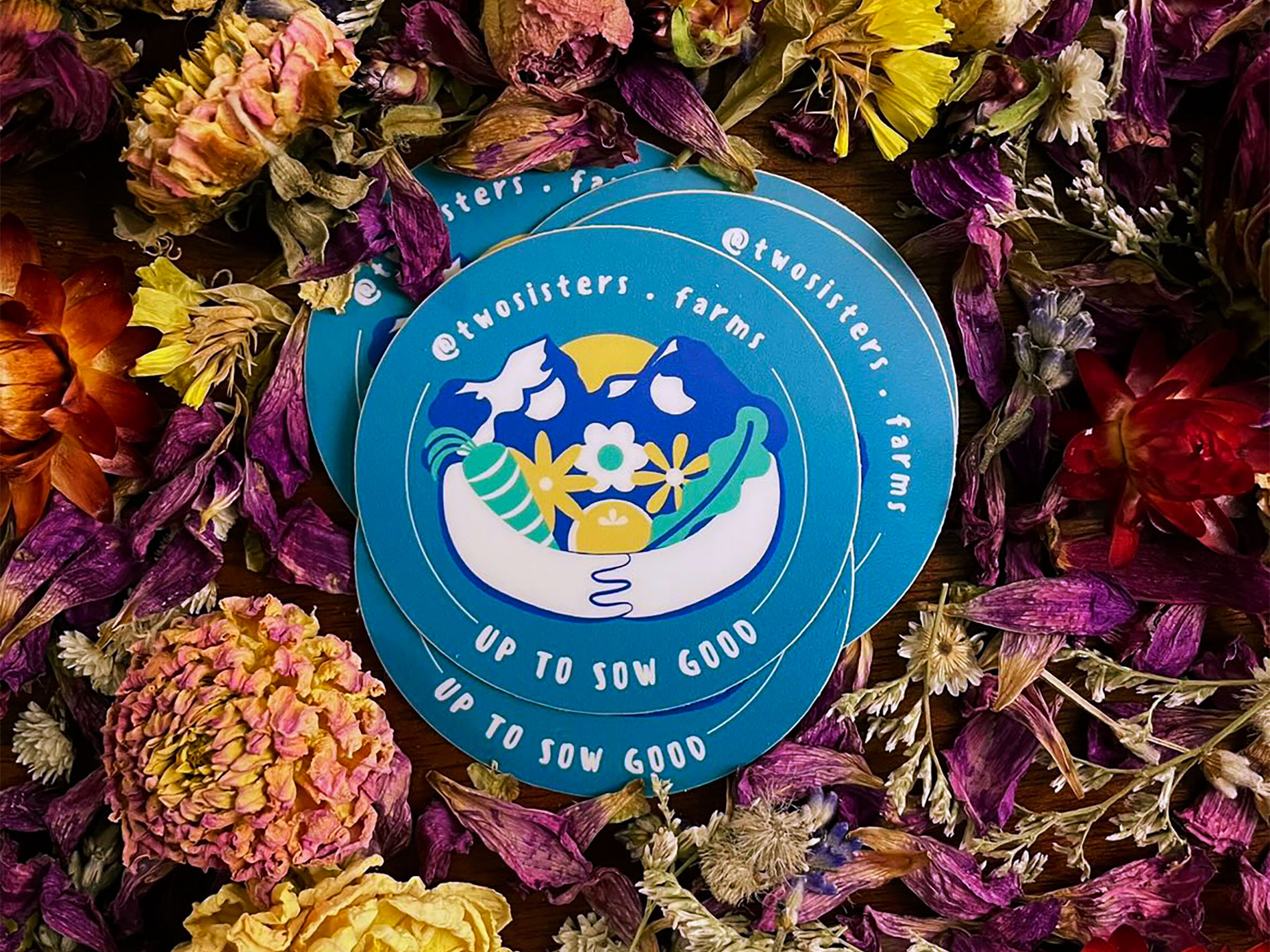 Stickers that say two sisters farms and up to sow good with a floral and mountain logo are stacked on an arrangement of dried flowers