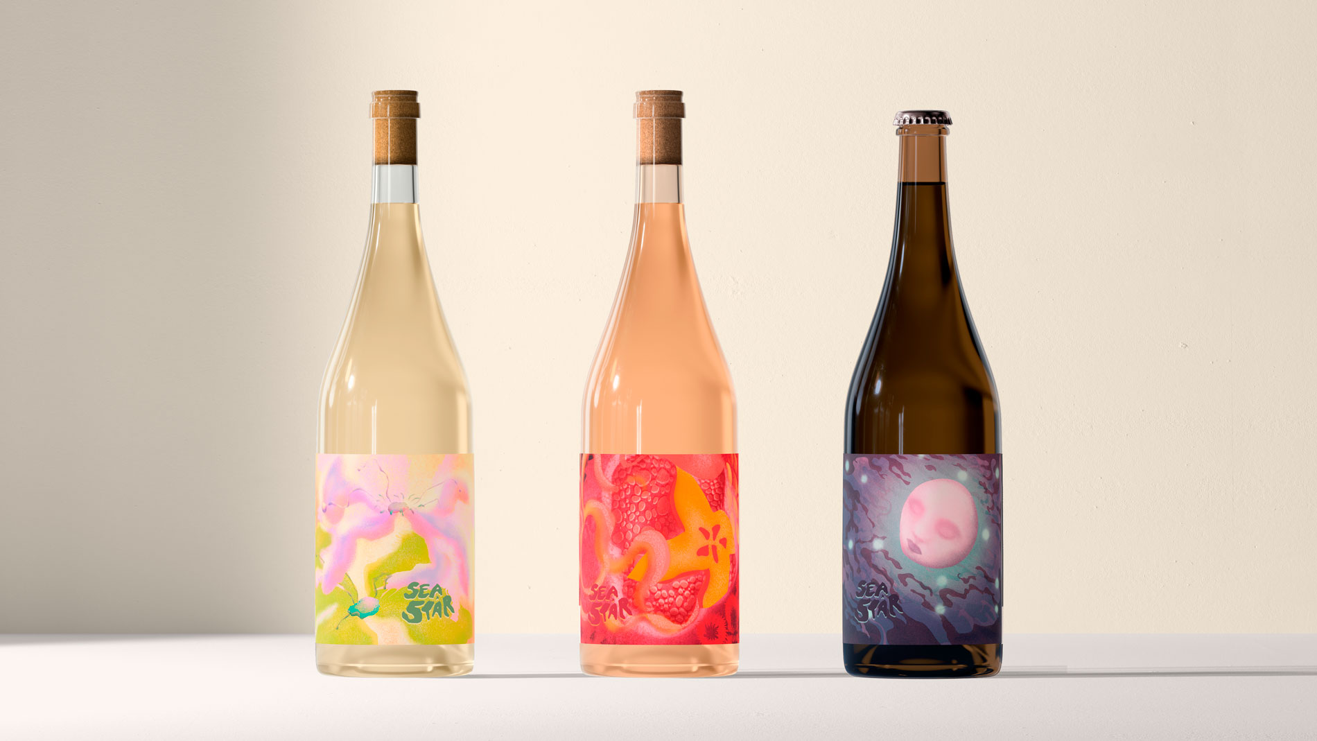 Sea Star Vineyard wine labels mockup featuring three wines with detailed illustrations