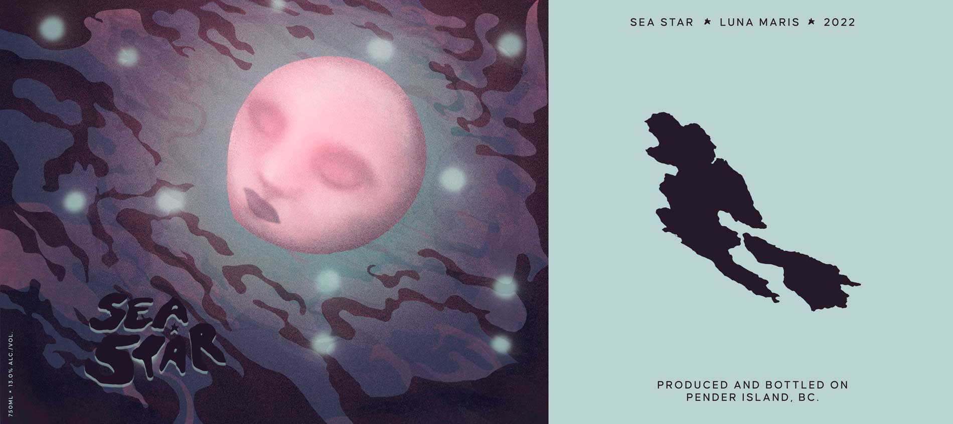 Sea Star Vineyard Luna Maris sparkling wine label featuring moonlight and ocean reflection illustration