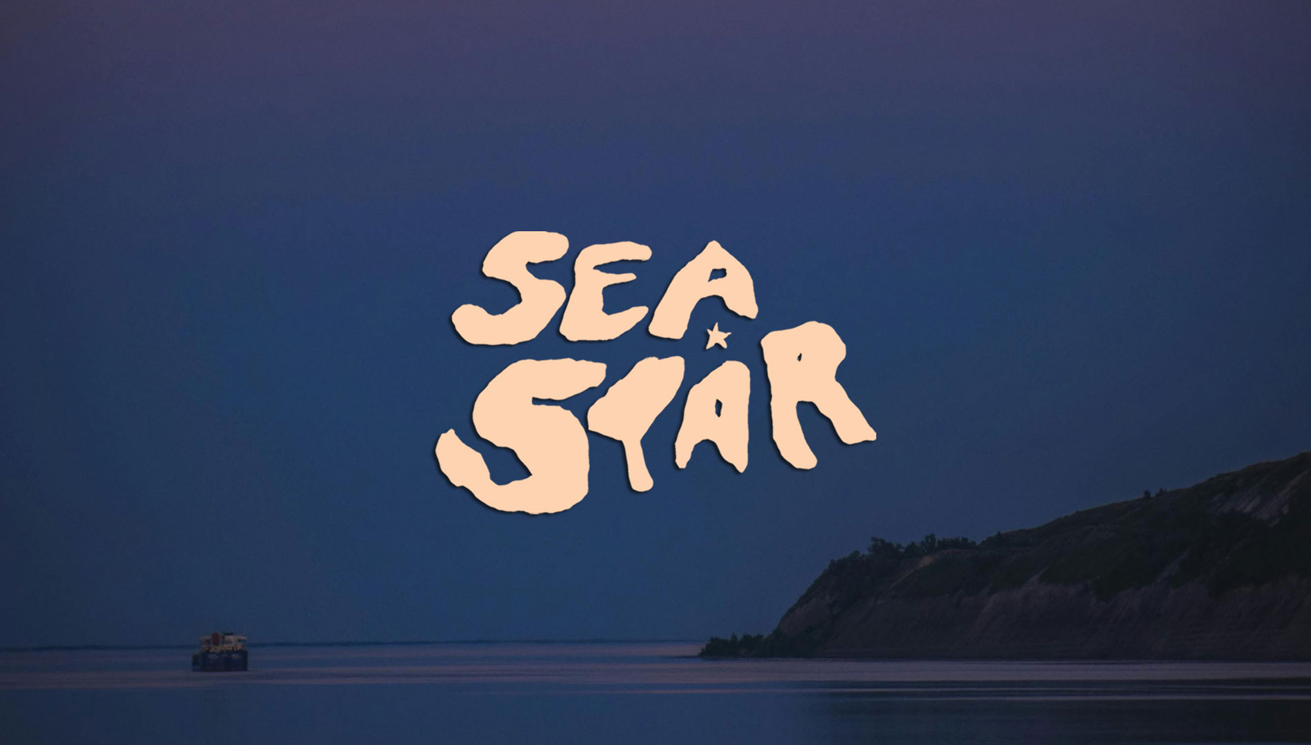 Evening sky with a full moon and blob text that says Sea Star