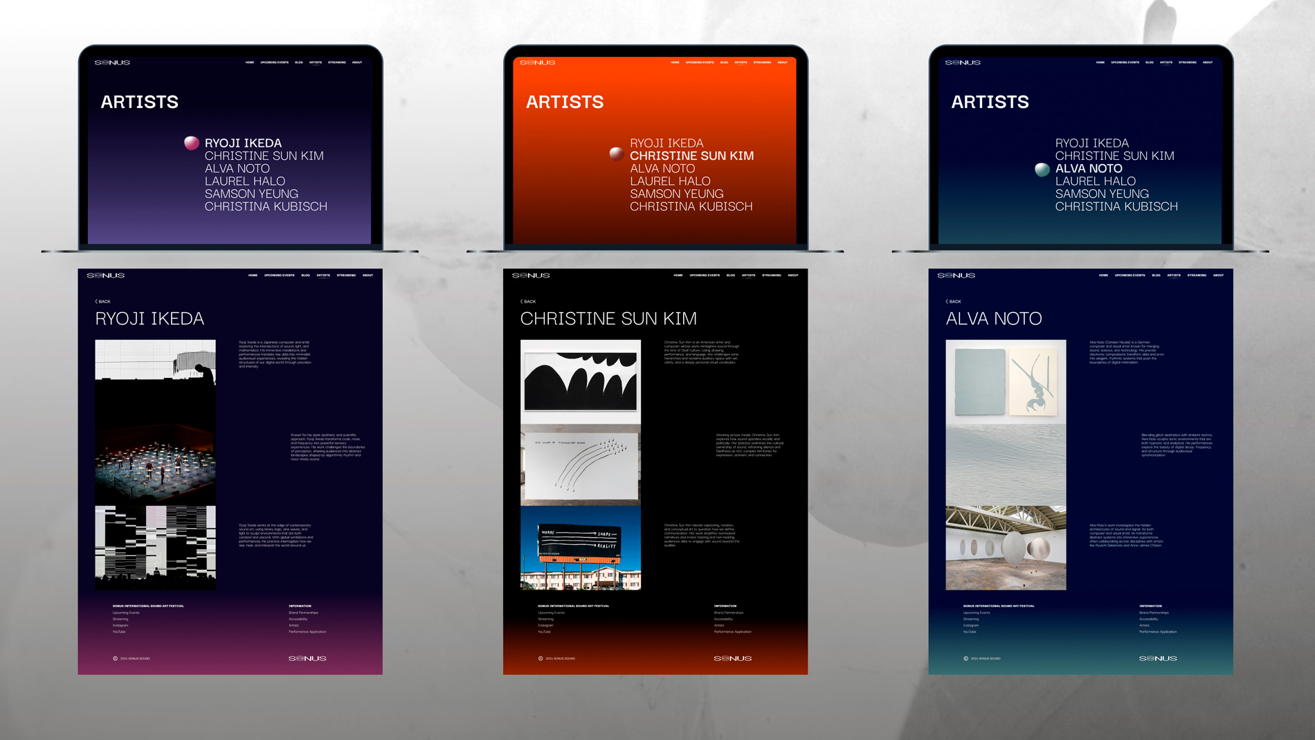 Laptop screens showing ui mockup for orange, purple, and blue color theme