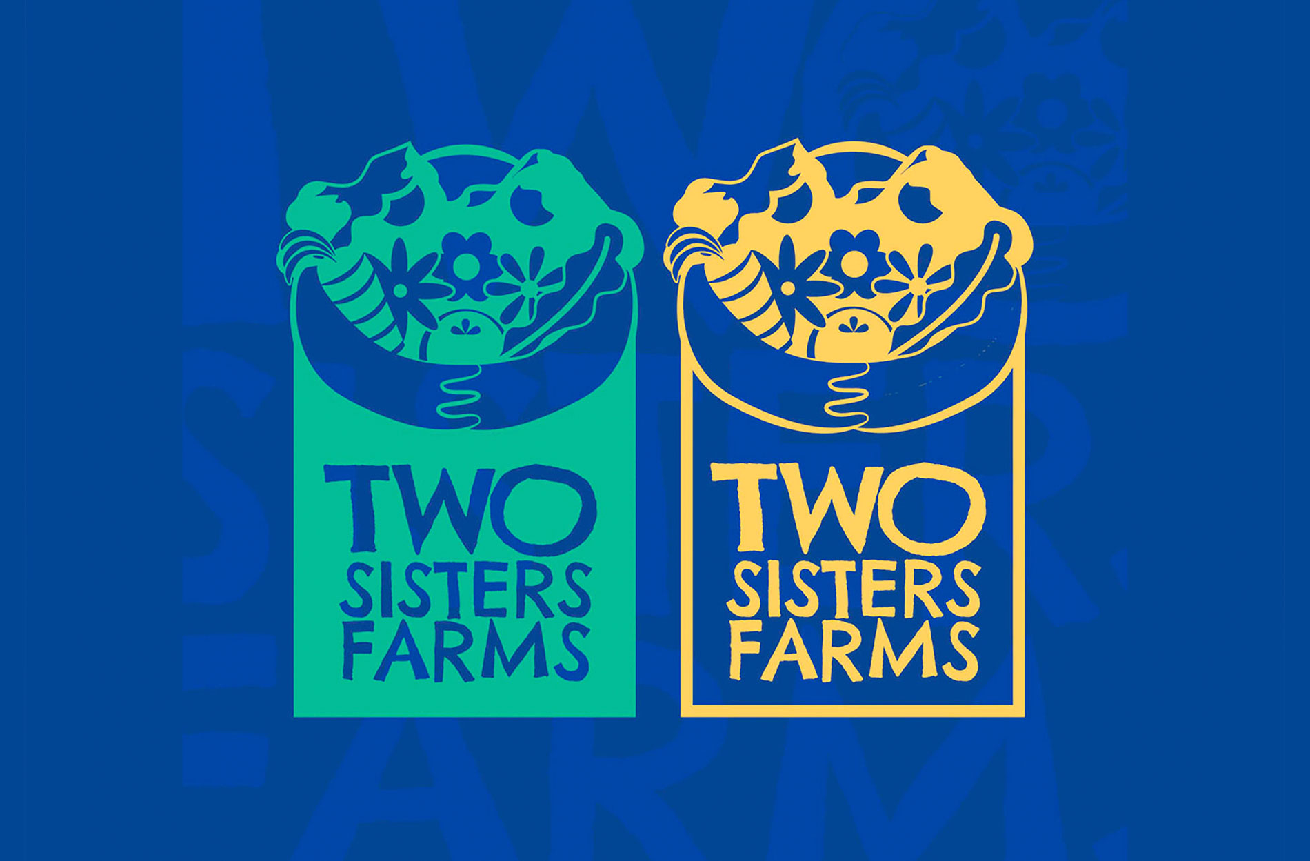 Two logos in green and yellow for Two Sisters Farms with vegetables and flowers and two mountainous women