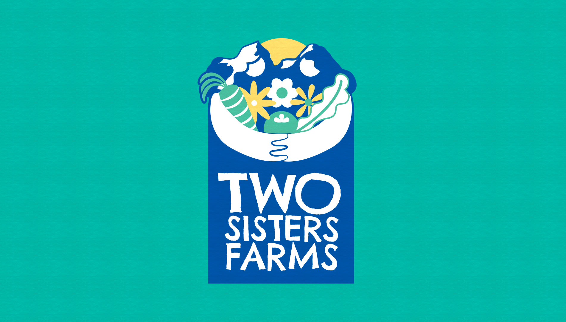 Logo for Two Sisters Farms with vegetables and flowers and two mountainous women