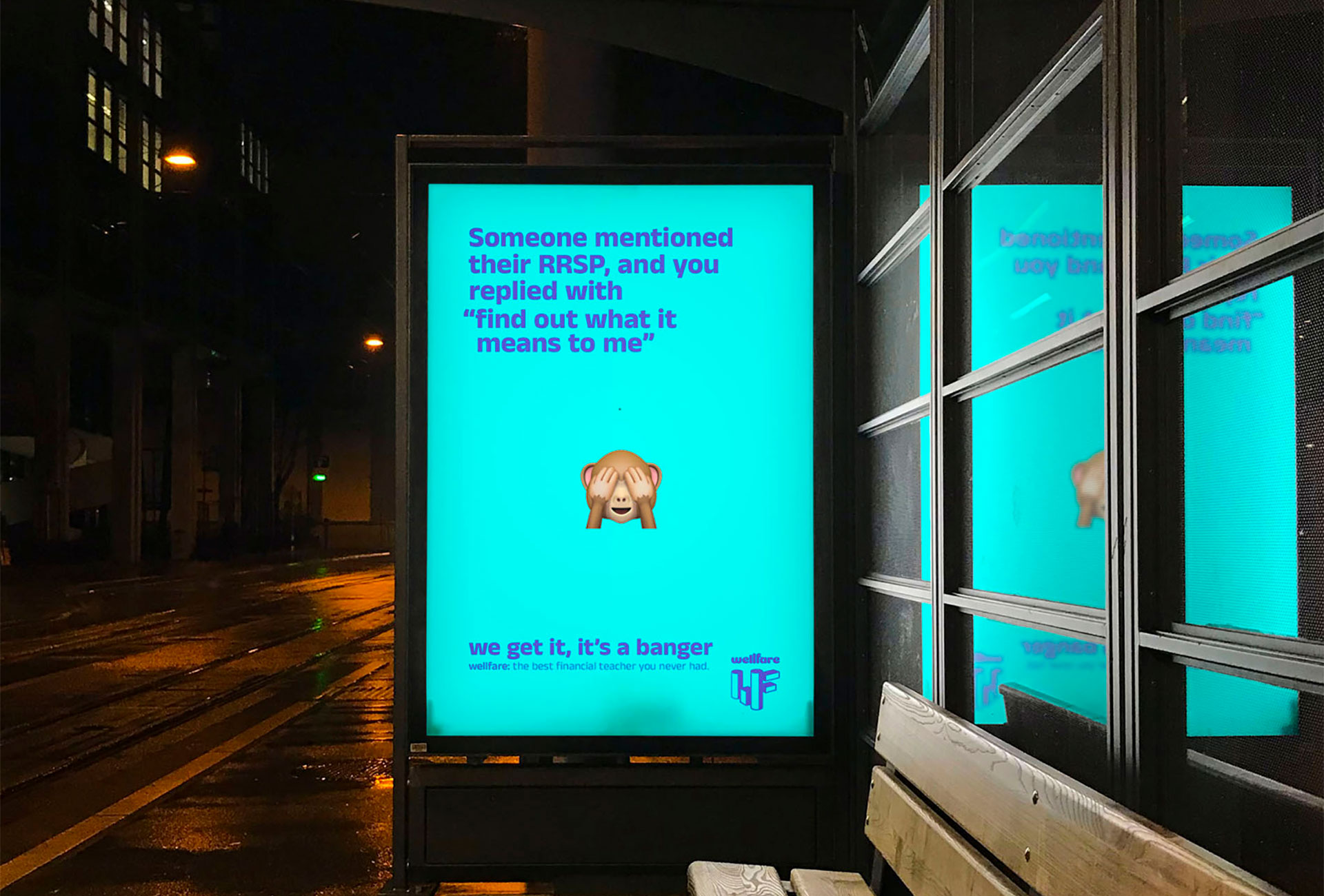 bright bus advertisement lit up at night-time