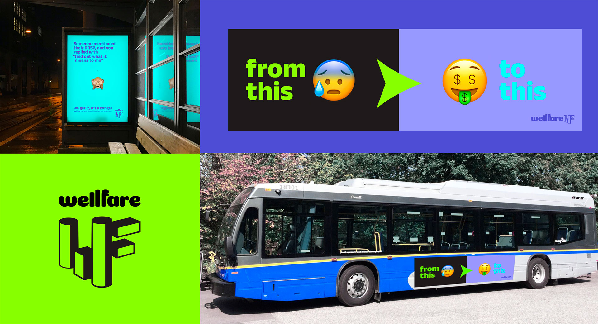 combined grid of bus poster, bus advertisement and wellfare logo