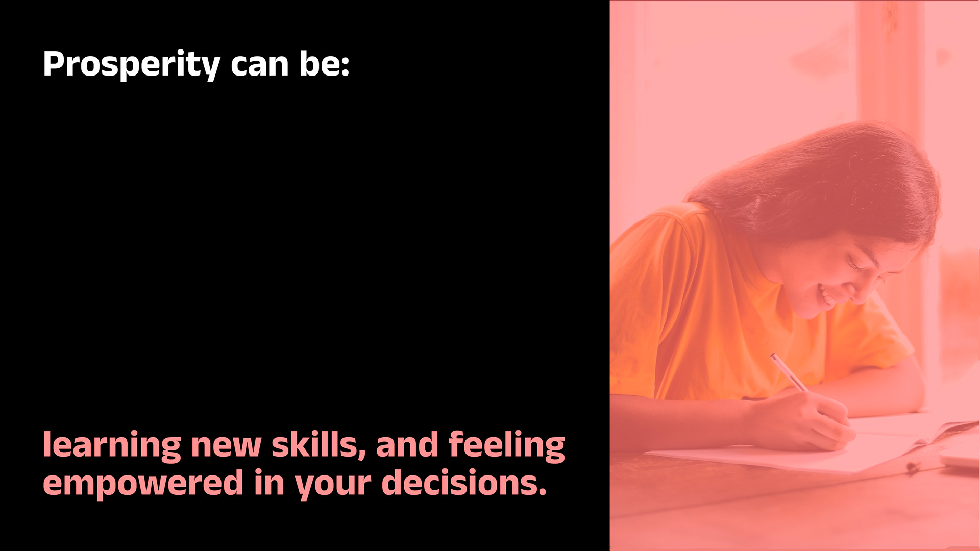 Black slide with colourful text and a young woman writing on a piece of paper with a pen