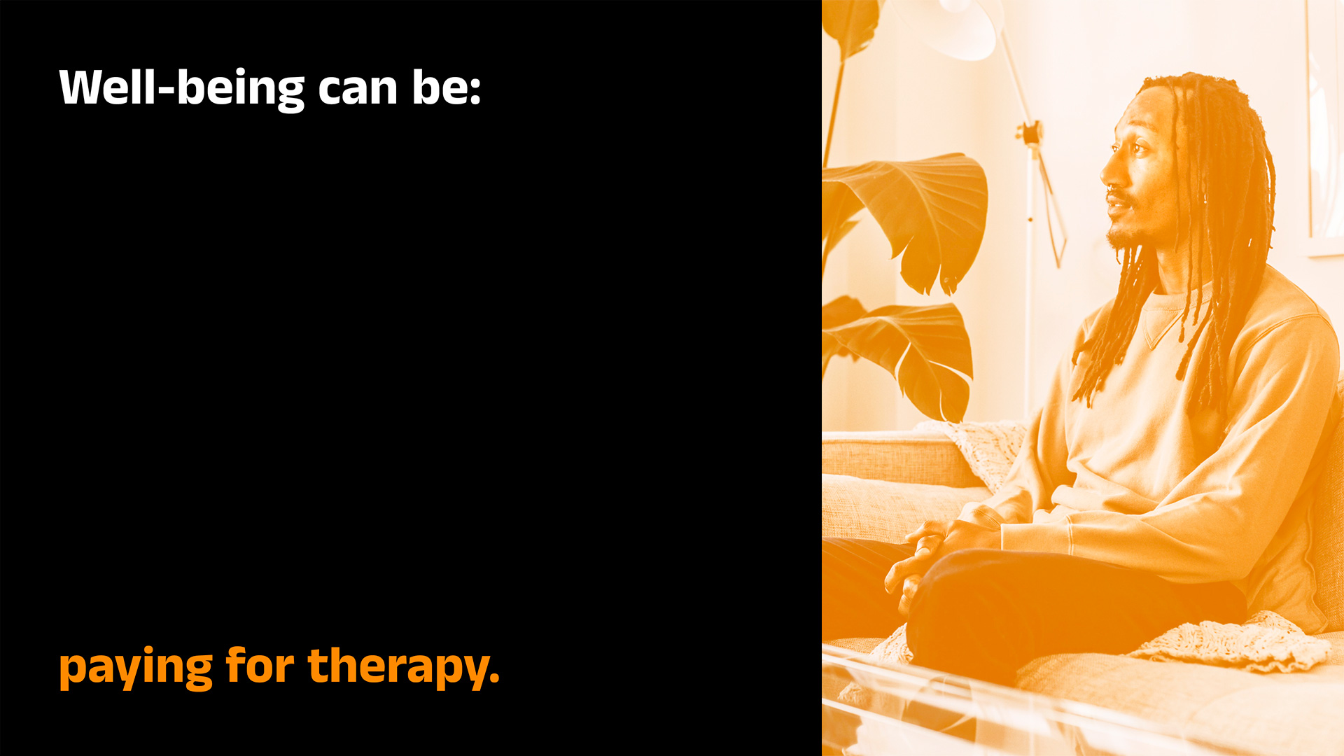 Black slide with colourful text and an image of a man sitting on a couch