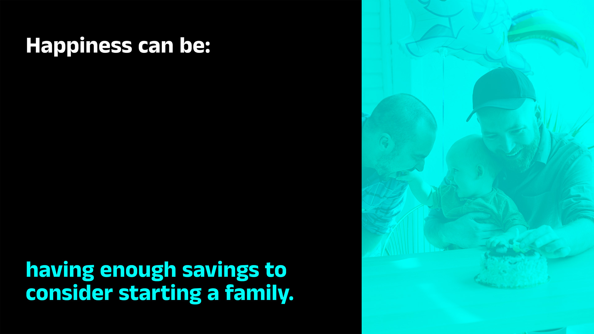 Black slide with colourful text and an image of two dads with a baby